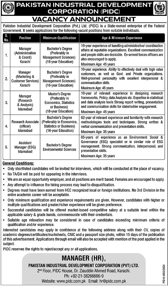 Management Jobs in Pakistan Industrial Development Corporation Karachi